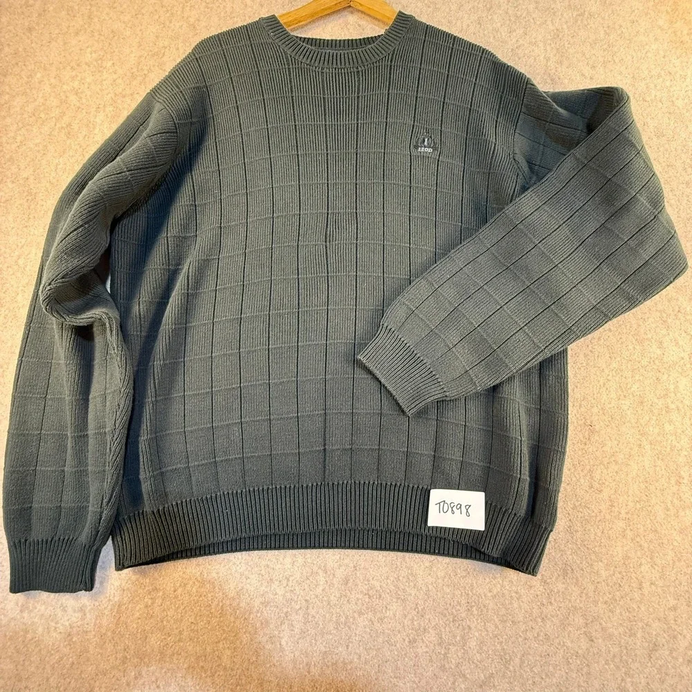 Izod‎ Mens Green Textured Grid Knit Cotton Crewneck Sweater Size Large T0898